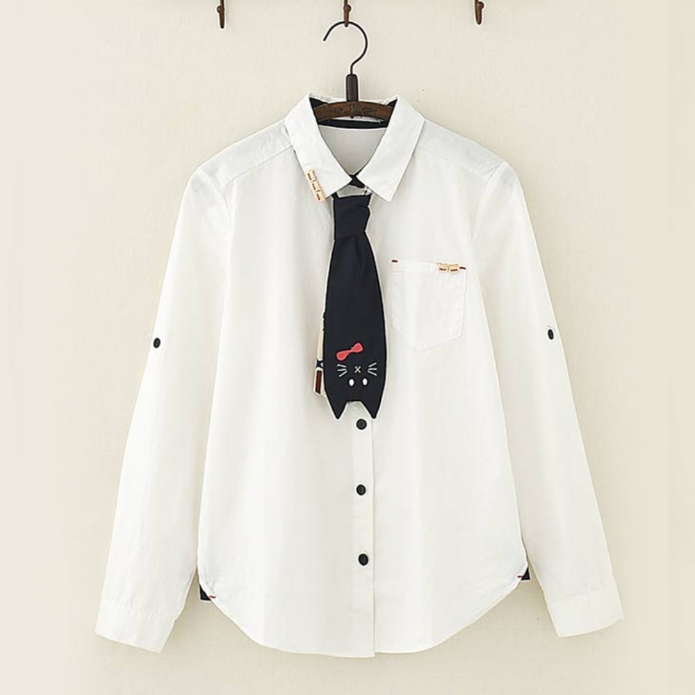 White Cat Tie Button Down Shirt w/ Wooden Hello Kitty Buttons & Embroidery | L